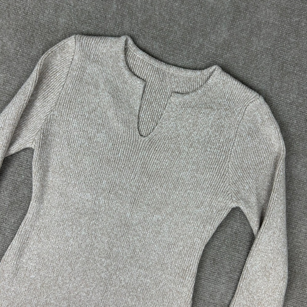 Commense Sweater Dress Womens Small Beige Ribbed Knit Bell Sleeve Split Neck